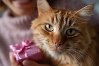 Close up portrait of ginger cat with green eyes looking at camera while owner holds pink toy. Soft focus background creates dreamy mood.