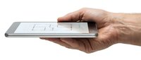 Man's hand holding smartphone with blank screen on white background, suitable for app mockups and mobile technology presentations.