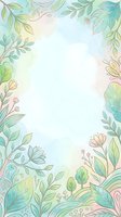 Soft watercolor floral frame with pastel green, blue and pink leaves and flowers surrounding a blank center copy space.