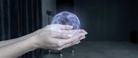 Hands holding glowing transparent sphere with mystical energy effects in dark atmospheric setting for digital art and fantasy concepts.