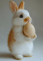 White and ginger bunny holding Easter egg stands upright against neutral background, showcasing adorable expression and fluffy fur. For holiday cards and spring designs.