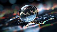 Magnifying glass focusing on stock market chart data with blurred trading screen background showing financial analysis and investment trends. Bokeh light effects.