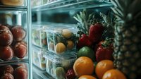 Fresh organic produce in plastic containers at grocery store display. Vibrant strawberries, oranges, plums and other fruits arranged in transparent boxes on refrigerated shelves.
