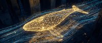 Futuristic digital whale made of golden light particles swimming through cyber ocean with glowing network connections and data streams in dark blue space.