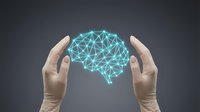 Hands protecting glowing digital brain network with connected nodes representing artificial intelligence, mental health care and neurological innovation.