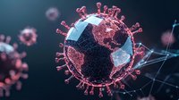 Global pandemic concept with glowing red virus particles surrounding digital Earth model against dark background, showing worldwide disease spread and infection risk.