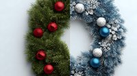 Festive Christmas wreath with red and blue ornaments on snowy evergreen branches, perfect for holiday decorating and seasonal home decor projects.