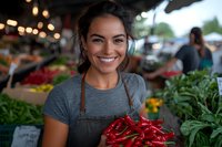Young Hispanic woman vendor smiling while holding fresh red chili peppers at local farmers market. Natural lighting highlights fresh produce and authentic market atmosphere.
