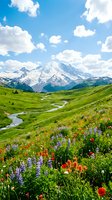 Snow-capped mountain peak rises above lush alpine meadow filled with wildflowers, winding stream, and green valleys under blue sky with white clouds.