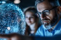 Mature bearded scientist in glasses examining glowing blue holographic globe network visualization in dark laboratory environment. Technology research concept.