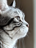 Gray tabby cat profile portrait with whiskers and striped fur pattern looking sideways in soft natural light for pet photography and animal content.
