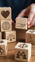 Hand placing wooden blocks with mental health and wellness symbols including heart, brain, scales and human figures on wood surface for therapy concepts.