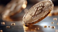 Golden cryptocurrency coin with bitcoin symbol on blurred background with scattered small coins, dramatic lighting creates luxurious mood.