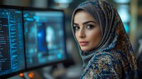 Young Middle Eastern woman software developer wearing hijab working on computer programming code in modern tech office environment.