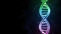 Glowing DNA double helix structure with colorful neon gradient against dark starry background for genetic research and biotechnology concepts.