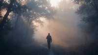 Silhouette of person walking on misty forest path with dramatic sunlight rays filtering through trees creating atmospheric morning scene for contemplation and solitude concepts.