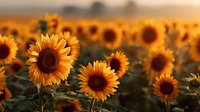 Golden sunflowers in vast field at sunset, warm light illuminating yellow petals and dark centers against blurred background. Perfect for summer themes.
