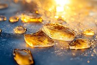 Golden honey drops on dark blue surface with magical bokeh light effect and water droplets creating artistic macro photography composition with warm glow.