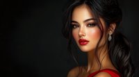 Asian woman with red lipstick, dark hair updo and dramatic makeup wearing red dress against black background. Professional beauty portrait with soft lighting and glamorous style.