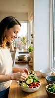 Happy woman preparing fresh healthy salad with avocado and vegetables in bright modern kitchen during morning sunlight for nutritious meal preparation.