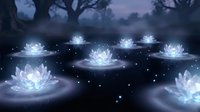 Mystical glowing lotus flowers floating on dark water surface at twilight with magical sparkles and ethereal light effects creating serene spiritual atmosphere.