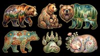 Decorative bear clipart set with six folk art designs, isolated on transparent background. Great for stickers, t-shirt design, print on demand, and sublimation crafts.