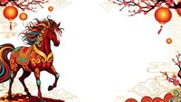 Ornate red horse with flowing mane on traditional Asian background with cherry blossoms, lanterns and clouds for lunar new year celebrations.