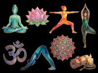 Yoga and meditation poses with lotus flower, om symbol, and wellness elements isolated on transparent background. Ready for t-shirt design, clipart, stickers, sublimation, and print-on-demand products.