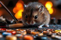 Curious hamster exploring art supplies and paint brushes against warm bokeh background, creating whimsical artistic atmosphere for creative design projects.