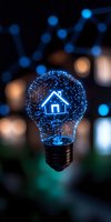 Glowing light bulb with blue house icon inside network sphere against dark background, representing smart home technology and innovation in real estate solutions.