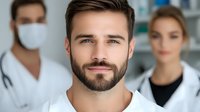 Young bearded male patient smiling at medical appointment with healthcare team in background wearing protective masks and white coats in modern clinic.