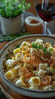 Creamy tortellini pasta with grilled shrimp in white sauce garnished with fresh rosemary, black pepper and herbs. Red wine and potted herbs create cozy dining atmosphere.
