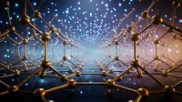 Futuristic tunnel with golden geometric structures and glowing blue particles creating a sense of motion and digital connectivity for technology and innovation concepts.