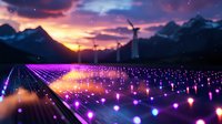 Futuristic solar farm with glowing purple lights against mountain silhouettes at sunset, wind turbines on horizon generating renewable energy in dramatic sky.