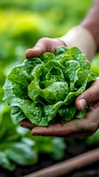 Fresh green lettuce head held in farmer's hands, close-up view showing crisp leaves and natural texture against blurred garden background. For food and agriculture concepts.