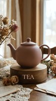Cozy vintage tea scene with a matte clay teapot on a wooden stand, dried roses, lace, and open books in warm natural light.