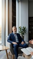 Mature male professional in navy business suit seated in modern office lounge during corporate meeting or consultation. Suitable for business, leadership, corporate training, and professional services marketing.