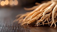Fresh ginseng roots on rustic wooden surface with soft bokeh lights in background, macro view showing natural texture and medicinal properties.