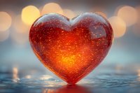 Red glass heart on wet surface with golden bokeh lights in background, romantic mood setting for Valentine's day celebration or love concept.