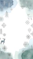 Watercolor winter frame with deer, snowflakes, pine trees and geometric patterns on white background for holiday greeting cards and seasonal designs.
