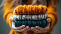 Stack of folded cozy knitted winter sweaters in mustard yellow, light gray and dark teal colors held in female hands against blurred background.