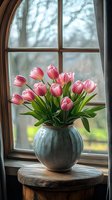 Pink tulips arranged in a gray ceramic vase displayed on a wooden table by a window with bare tree branches visible outside, suitable for spring home decor and floral arrangements.