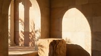 Ancient stone architecture with warm sunlight streaming through arched openings creating dramatic shadows on weathered walls and carved stone block.