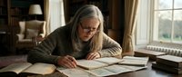 Senior woman with glasses writing at wooden desk in cozy home office with warm natural lighting and vintage decor for retirement planning concepts.