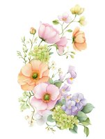 Delicate watercolor floral arrangement with pink poppies, peach roses, purple hydrangeas and green foliage on white background, suitable for wedding stationery.
