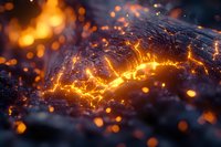 Glowing hot embers and ash with bright orange cracks forming abstract patterns against dark background, sparks floating in air. Dramatic close-up nature photography.