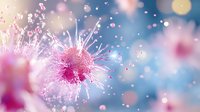Pink dandelion seeds floating in dreamy bokeh atmosphere against blue background, macro photography with soft focus and magical glowing particles.