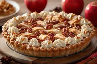 Homemade caramel pecan pie topped with whipped cream rosettes and arranged pecans in flaky pastry crust, served with fresh red apples and star anise spice.