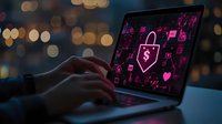 Cybersecurity concept showing glowing pink shield icon on laptop screen with hands typing in dark room against blurred city lights background.