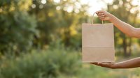 Hands holding blank kraft paper shopping bag outdoors with blurred green foliage background, suitable for eco-friendly branding and sustainable packaging concepts.